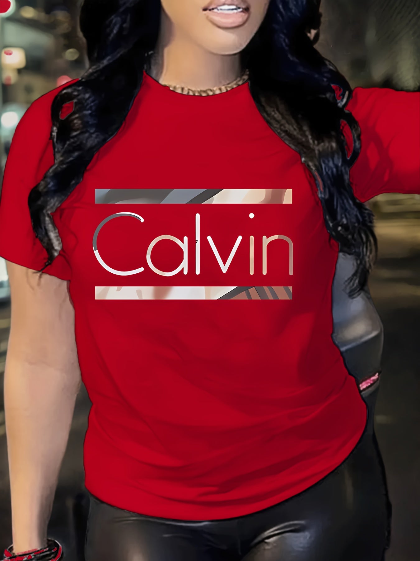 1pc Calvin Women's Graphic Tee - Soft Polyester Spandex Blend, Casual Crew Neck Short Sleeve Top in Black with Stylish Letter Print, Comfortable Casual Attire, Everyday Apparel | Trendy Casual Style | Stretchable Top